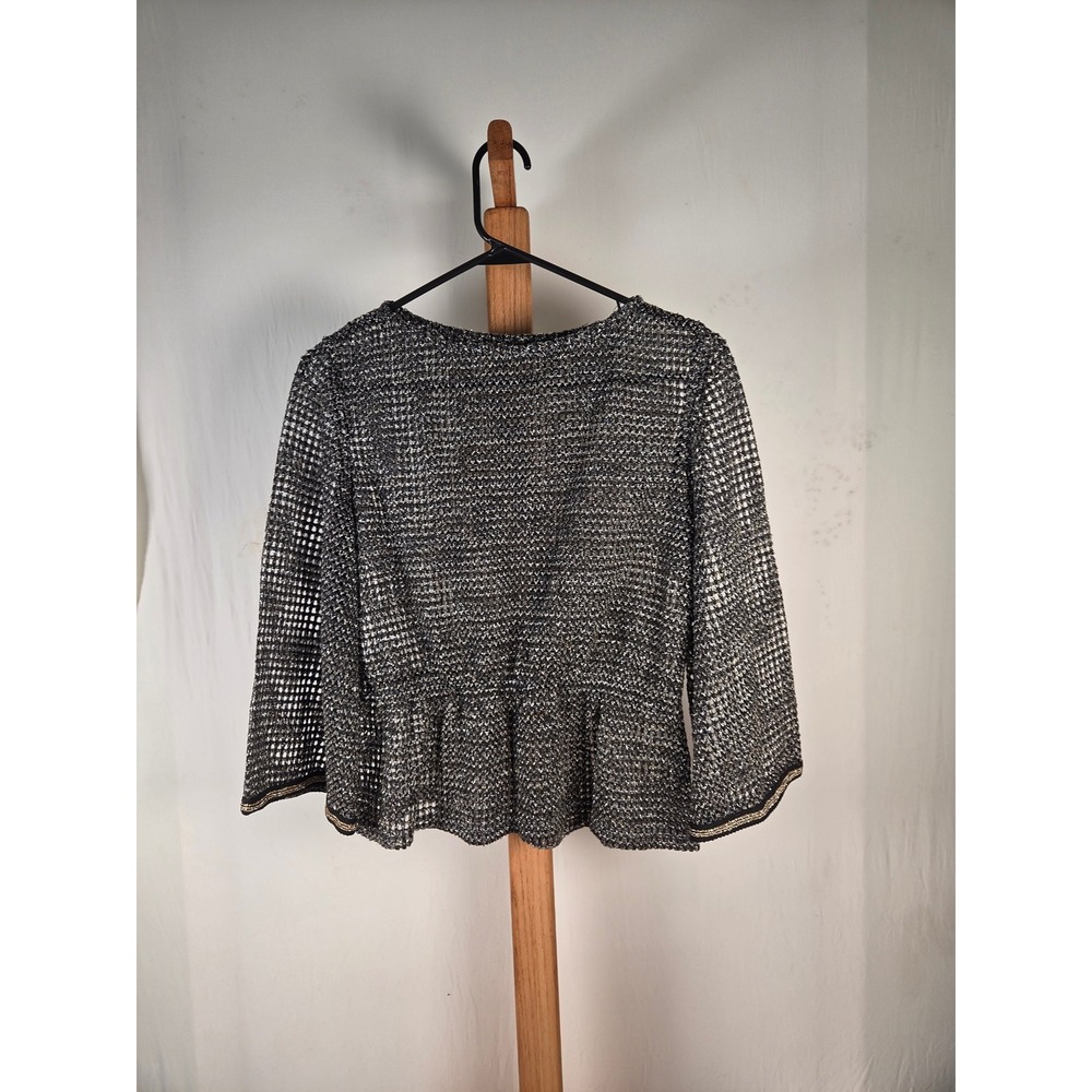 Metallic Silver Black Open Knit Peplum Top 3/4 Sleeve Mesh Party Evening Blouse